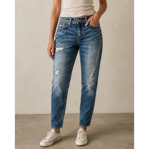 Silver Jeans Denim - Silver Jeans Boyfriend Super Stretch Jeans Womens Size 32 Distressed Sandblasted